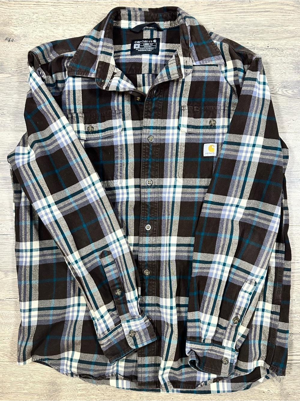 Carhartt Men’s Brown, White & Teal Plaid Button-Down Shirt
